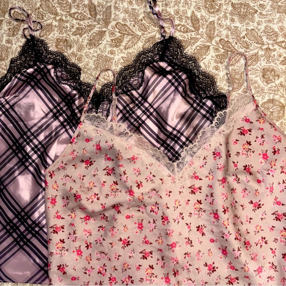 Victoria’s Secret XL Set of 2 Floral and Plaid Satin Camisoles